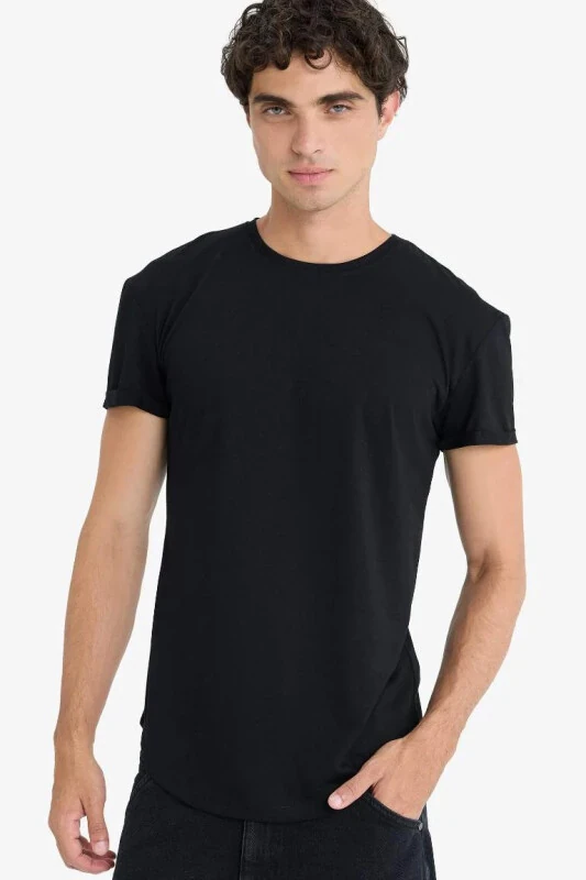Long Muscle Fit Crew Neck Basic Short Sleeve T-Shirt Black - 1