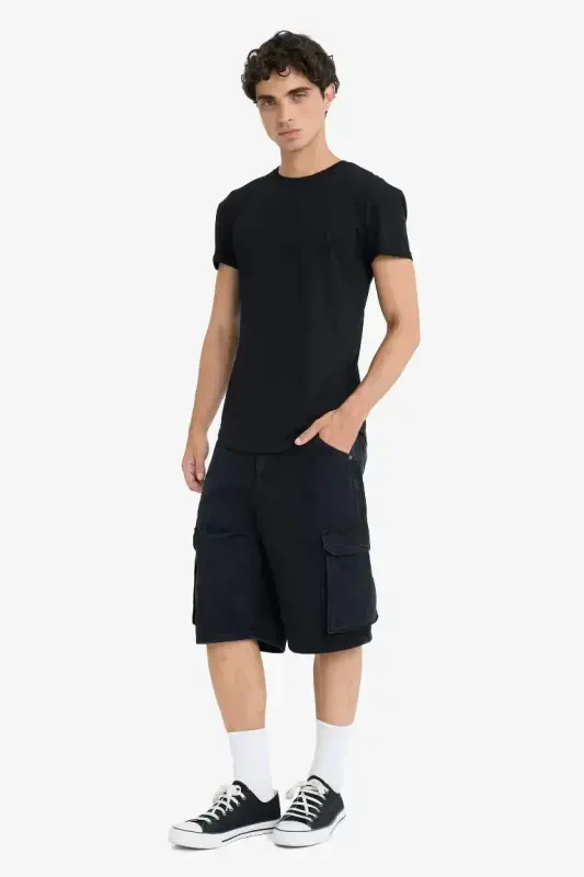 Long Muscle Fit Crew Neck Basic Short Sleeve T-Shirt Black - 2