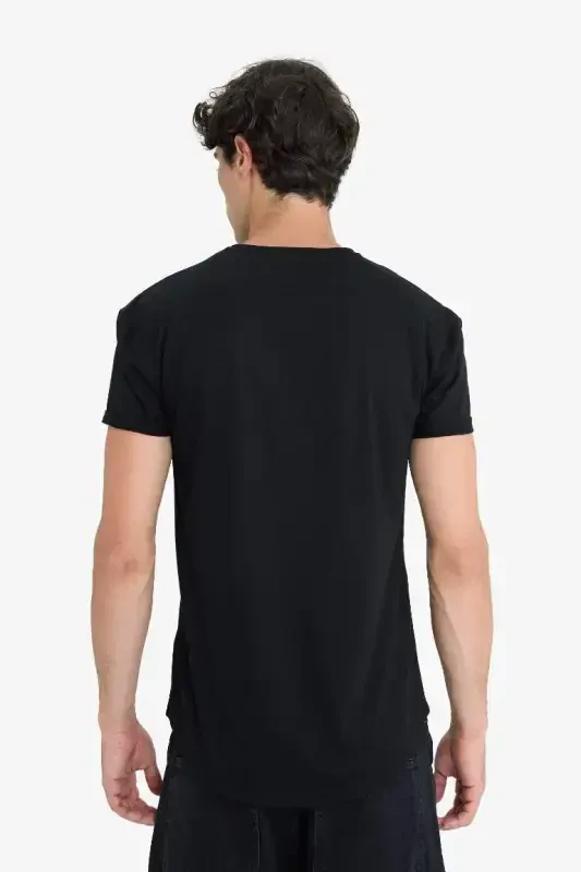 Long Muscle Fit Crew Neck Basic Short Sleeve T-Shirt Black - 5