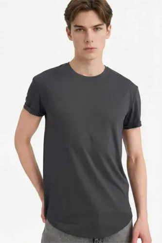 Long Muscle Fit Crew Neck Basic Short Sleeve T-Shirt Dark Anthracite - 4