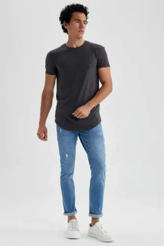 Long Muscle Fit Crew Neck Basic Short Sleeve T-Shirt Dark Anthracite - 6