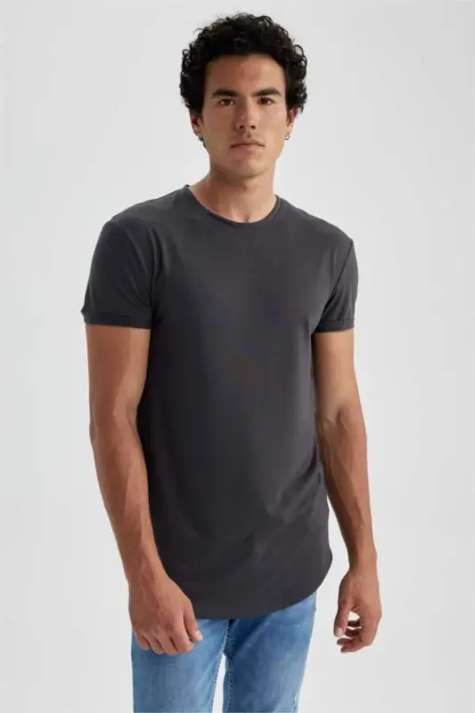 Long Muscle Fit Crew Neck Basic Short Sleeve T-Shirt Dark Anthracite - 7