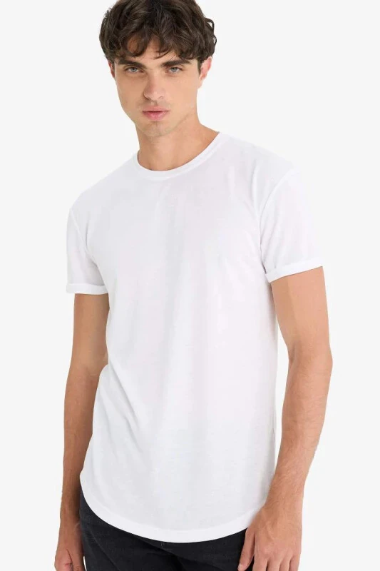 Long Muscle Fit Crew Neck Basic Short Sleeve T-Shirt White - DEFACTO
