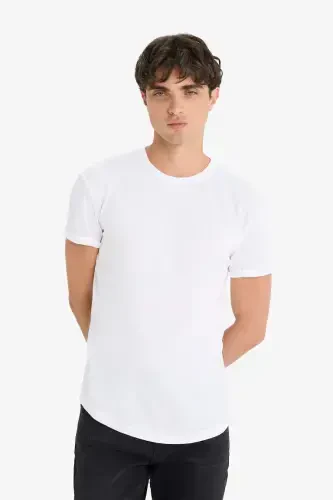 Long Muscle Fit Crew Neck Basic Short Sleeve T-Shirt White - 4
