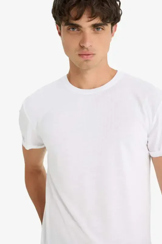 Long Muscle Fit Crew Neck Basic Short Sleeve T-Shirt White - 5