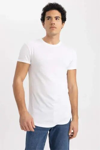 Long Muscle Fit Crew Neck Basic Short Sleeve T-Shirt White - 4
