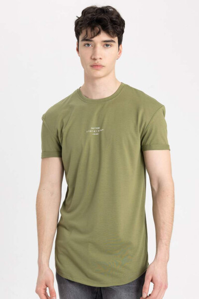 Long Muscle Fit Crew Neck Printed Short Sleeve T-Shirt Khaki - 1