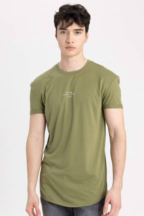 Long Muscle Fit Crew Neck Printed Short Sleeve T-Shirt Khaki - 1