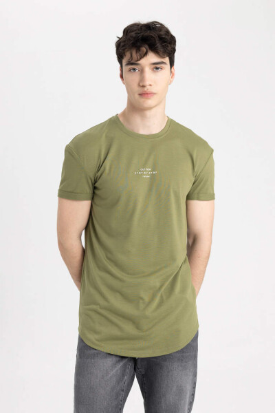 Long Muscle Fit Crew Neck Printed Short Sleeve T-Shirt Khaki - 3