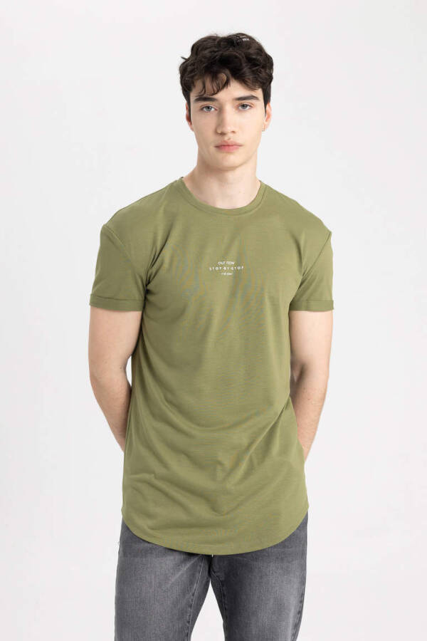 Long Muscle Fit Crew Neck Printed Short Sleeve T-Shirt Khaki - 3