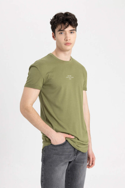 Long Muscle Fit Crew Neck Printed Short Sleeve T-Shirt Khaki - 4