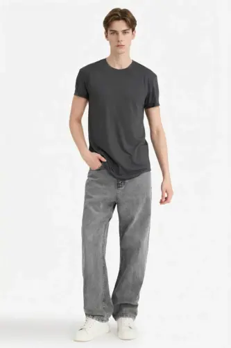 Long Muscle Fit Crew Neck Short Sleeve T-Shirt, Dark Anthracite - 5