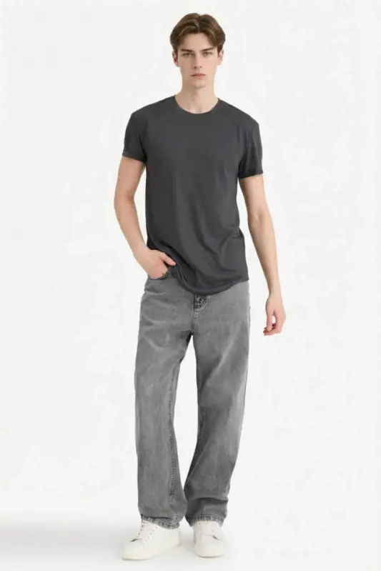 Long Muscle Fit Crew Neck Short Sleeve T-Shirt, Dark Anthracite - 5