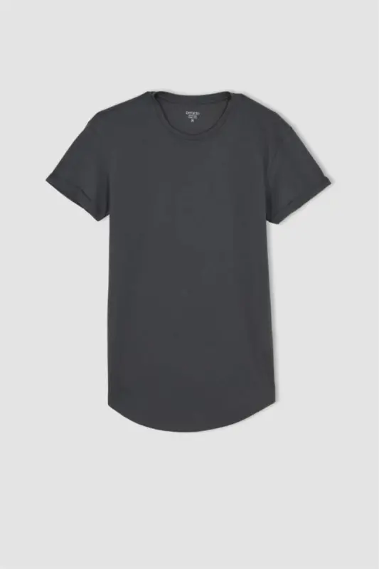 Long Muscle Fit Crew Neck Short Sleeve T-Shirt, Dark Anthracite - 5