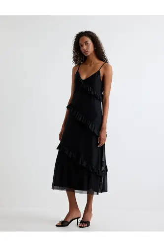 Long Ruffled Dress Thin Straps V Neck Tulle - KOTON (1)