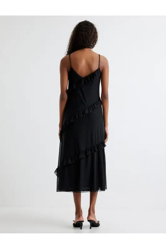 Long Ruffled Dress Thin Straps V Neck Tulle - 4