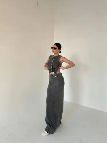 Long Skirt Front Buttoned Bodysuit Set- Anthracite - 1