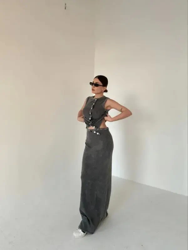 Long Skirt Front Buttoned Bodysuit Set- Anthracite - 1