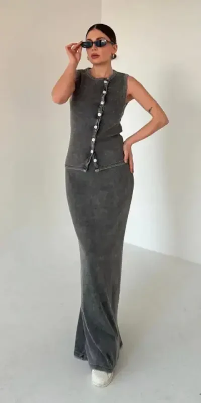 Long Skirt Front Buttoned Bodysuit Set- Anthracite - 2