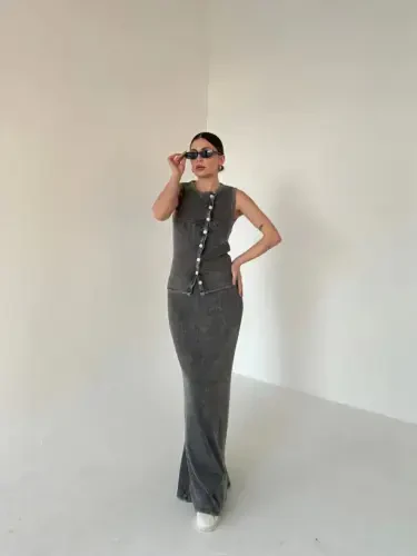 Long Skirt Front Buttoned Bodysuit Set- Anthracite - 3