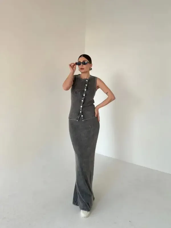 Long Skirt Front Buttoned Bodysuit Set- Anthracite - 3