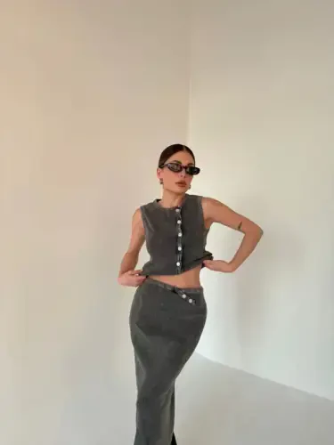 Long Skirt Front Buttoned Bodysuit Set- Anthracite - 4