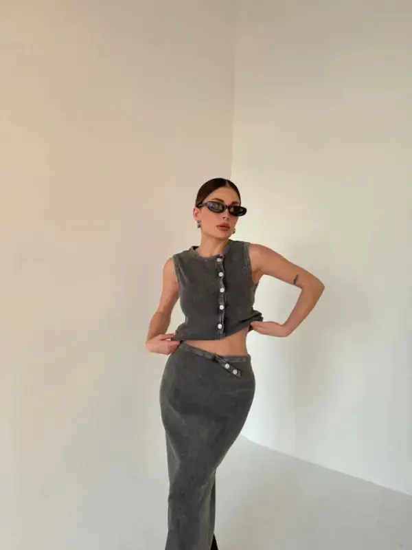 Long Skirt Front Buttoned Bodysuit Set- Anthracite - 4