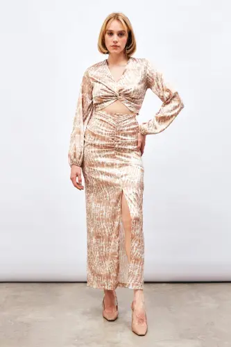 Long Skirt with Slit Detail and Pattern - Brown - SATEEN (1)