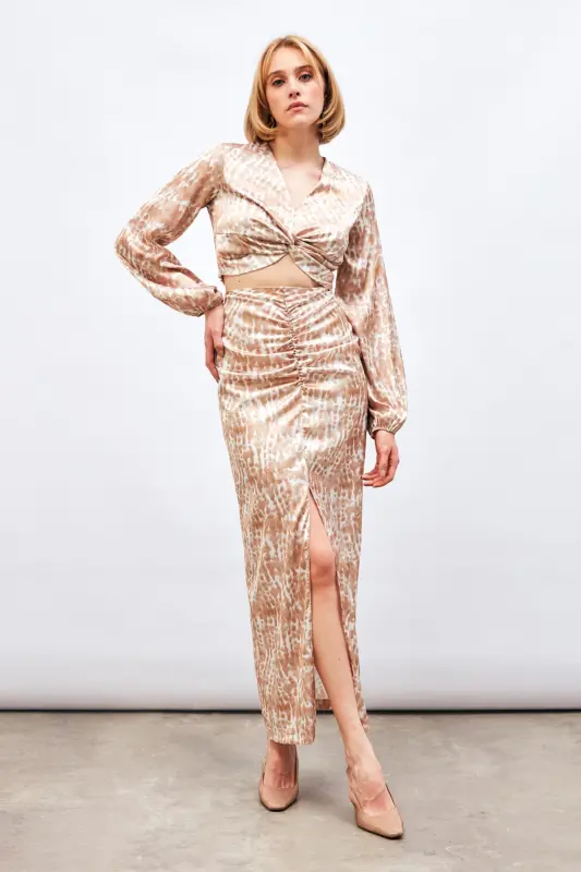 Long Skirt with Slit Detail and Pattern - Brown - 3