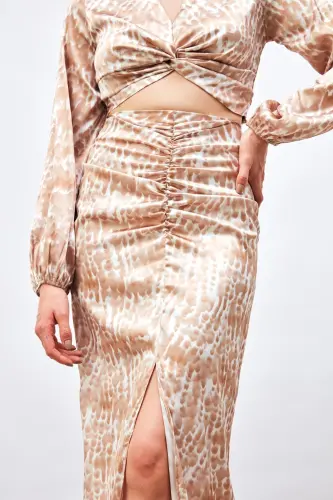 Long Skirt with Slit Detail and Pattern - Brown - 5