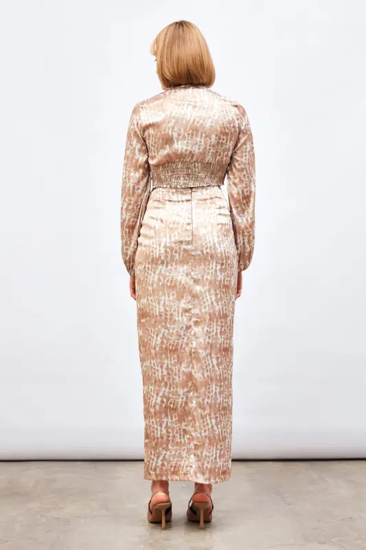 Long Skirt with Slit Detail and Pattern - Brown - 6