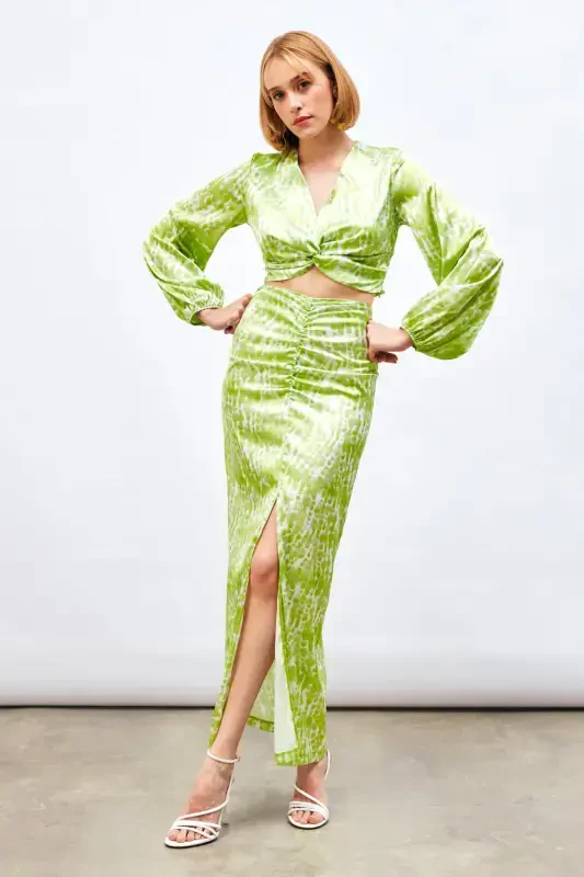 Long Skirt with Slit Detail and Pattern - Olive Green - 1