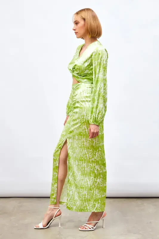 Long Skirt with Slit Detail and Pattern - Olive Green - 2