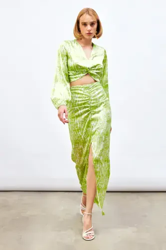 Long Skirt with Slit Detail and Pattern - Olive Green - 3