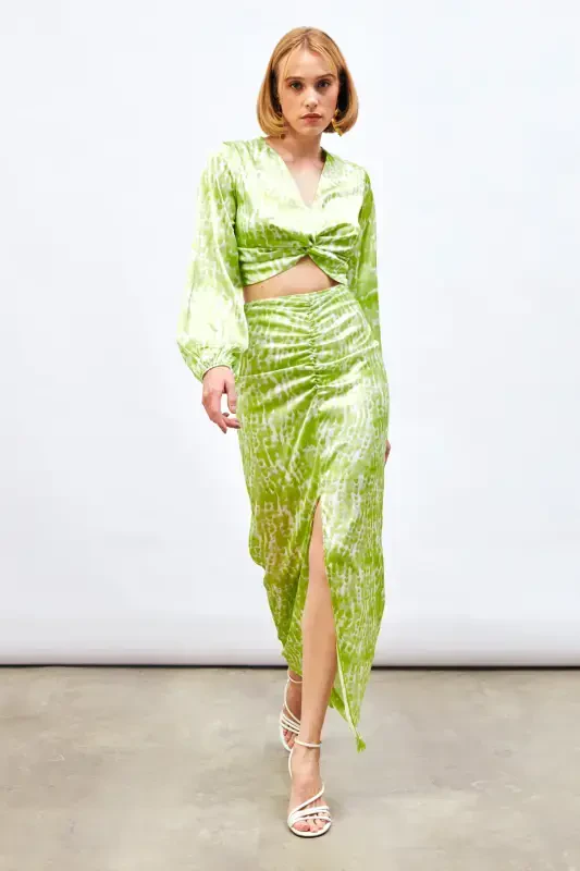 Long Skirt with Slit Detail and Pattern - Olive Green - 3