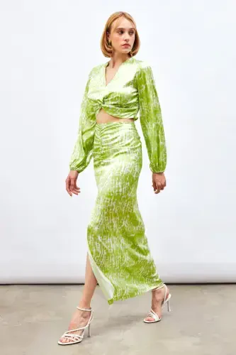 Long Skirt with Slit Detail and Pattern - Olive Green - 4