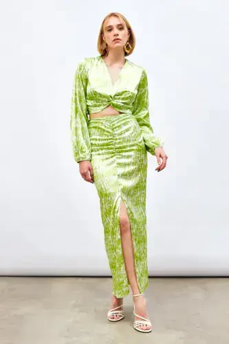 Long Skirt with Slit Detail and Pattern - Olive Green - 5