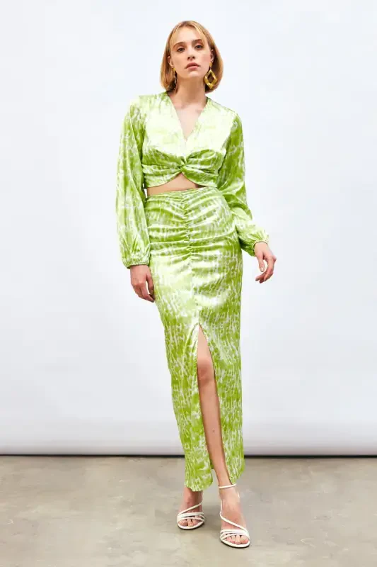 Long Skirt with Slit Detail and Pattern - Olive Green - 5