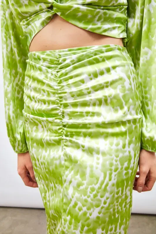 Long Skirt with Slit Detail and Pattern - Olive Green - 6