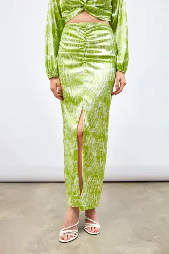 Long Skirt with Slit Detail and Pattern - Olive Green - 7