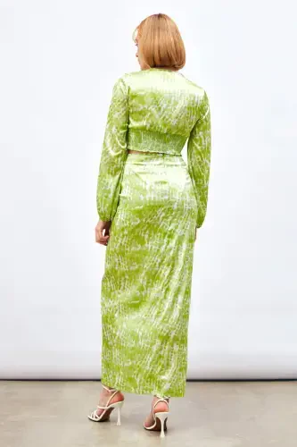 Long Skirt with Slit Detail and Pattern - Olive Green - 8