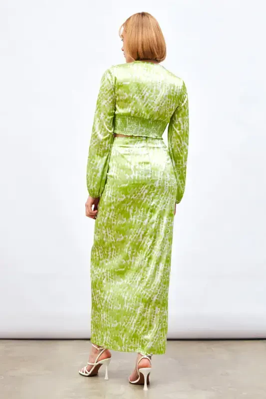 Long Skirt with Slit Detail and Pattern - Olive Green - 8