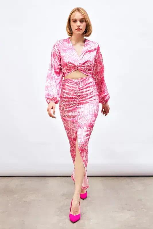 Long Skirt with Slit Detail and Pattern - Pink - 1