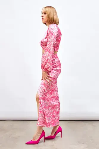 Long Skirt with Slit Detail and Pattern - Pink - 4