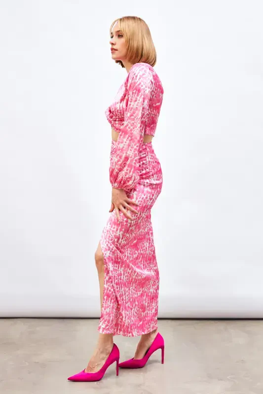 Long Skirt with Slit Detail and Pattern - Pink - 4