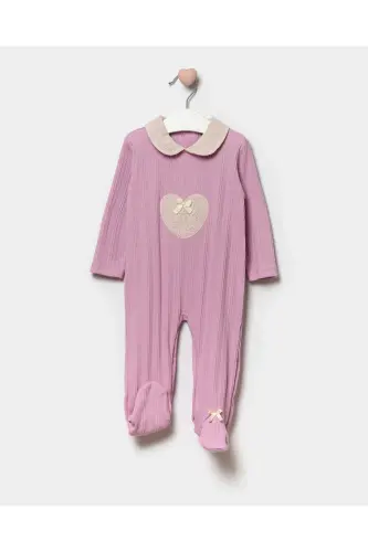 Long Sleeve 100% Cotton Peter Pan Collar Gift Baby Girl Footed Romper 3-9 Months-LIGHT LILAC 