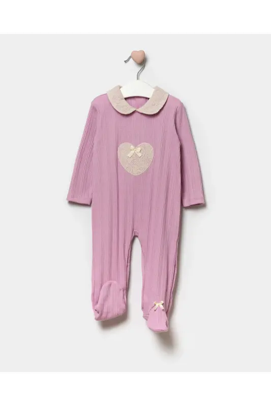 Long Sleeve 100% Cotton Peter Pan Collar Gift Baby Girl Footed Romper 3-9 Months-LIGHT LILAC - 1