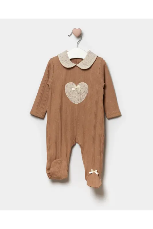 Long Sleeve 100% Cotton Peter Pan Collar Gift Baby Girl Footed Romper 3-9 Months-TOBACCO - 1