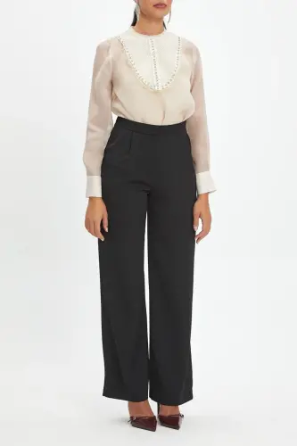 Long Sleeve Beige Blouse with Beading and Knit Trim 39546 - 1