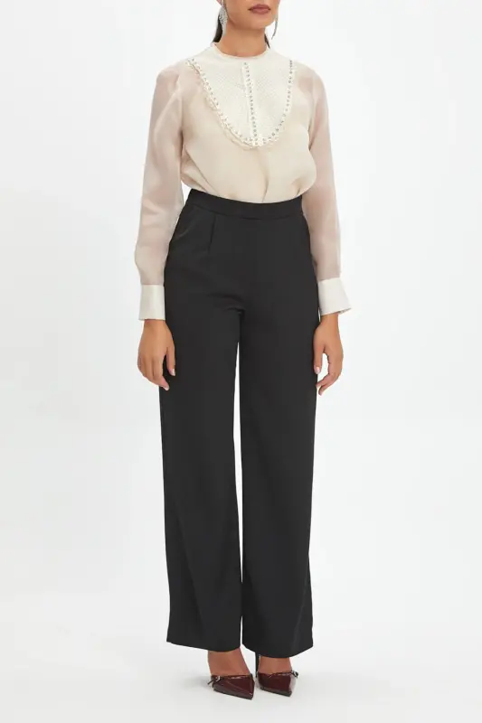 Long Sleeve Beige Blouse with Beading and Knit Trim 39546 - SERPİL